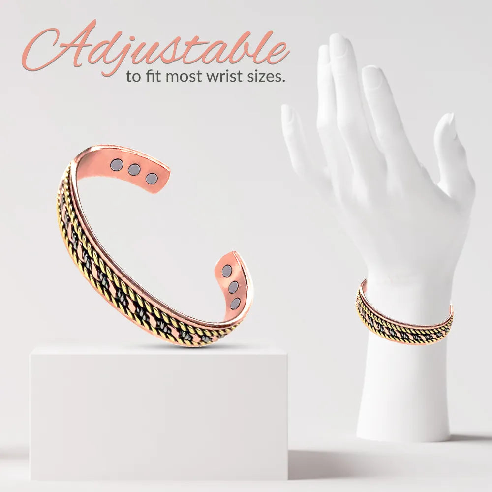 Copper bracelet for women adjustable bracelet on a white mannequin hand with text 'Adjustable to fit most wrist sizes.'