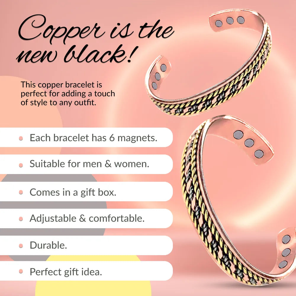 Copper bracelet with magnets on a pink background, featuring text about its features.