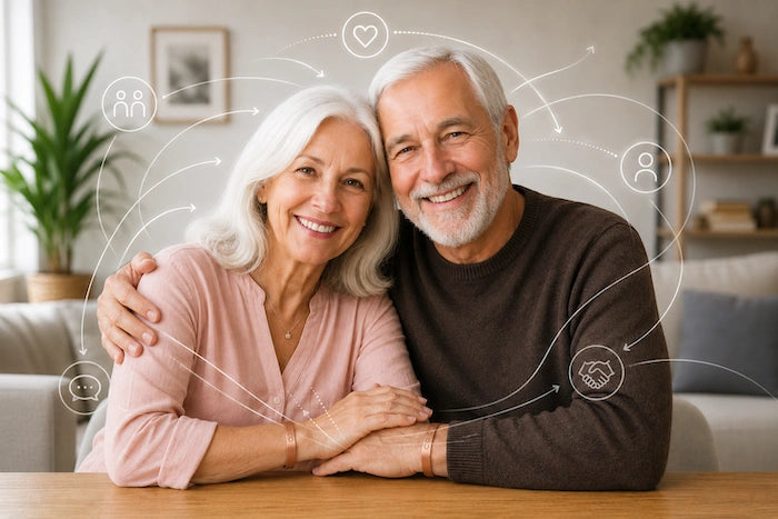 Happy elderly couple embracing with a network of icons around them, symbolizing connectivity.