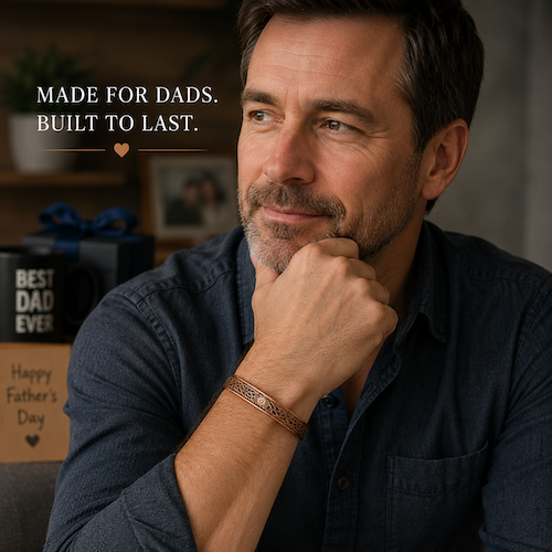 Man with a thoughtful expression, wearing a bracelet, with text 'Made for Dads. Built to Last.'