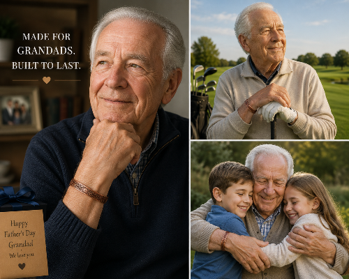 Collage of an elderly man with text 'Made for Grandads. Built to Last.' and scenes with children.