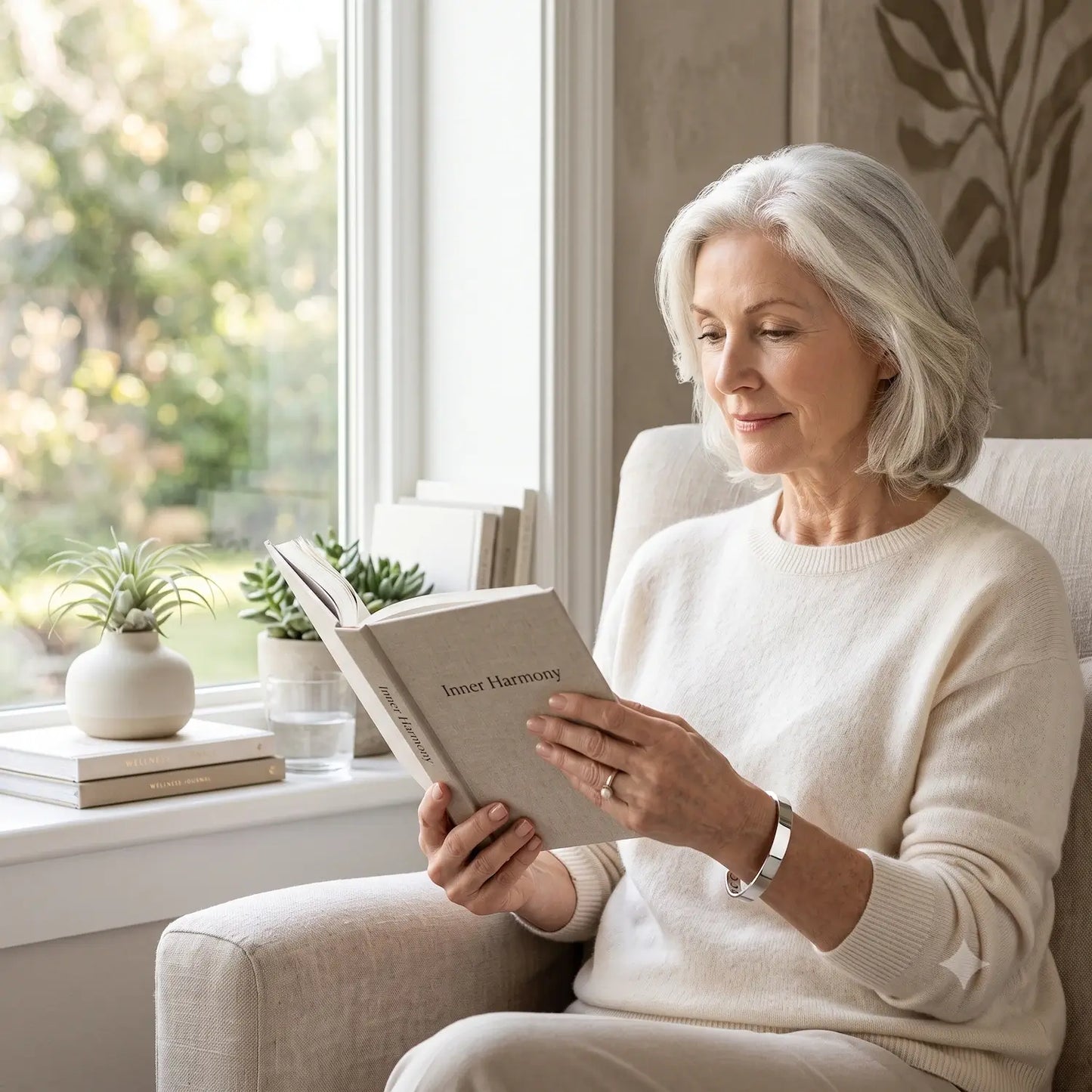 An older woman with gray hair sits in a light beige armchair by a bright window, holding and reading a book titled 'Inner Harmony'. She is wearing a cream-colored knit sweater and a silver watch.