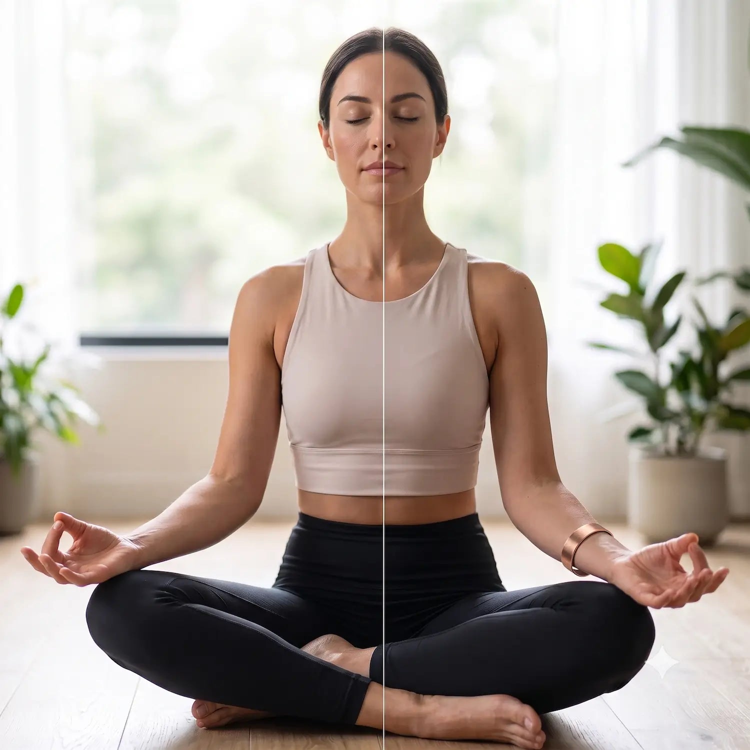 A woman meditating in a lotus position on a wooden floor, wearing a beige sports bra and black leggings, with a vertical split line down the center of the image.