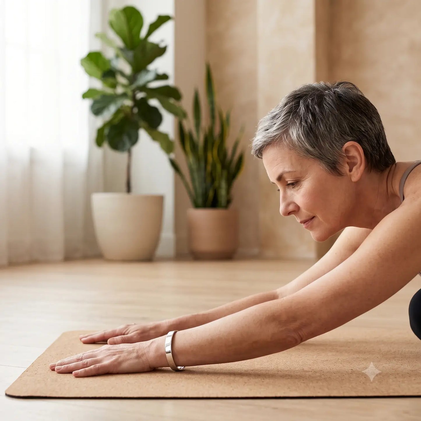 A woman with short gray hair is stretching on a tan yoga mat in a bright, modern room with potted plants.