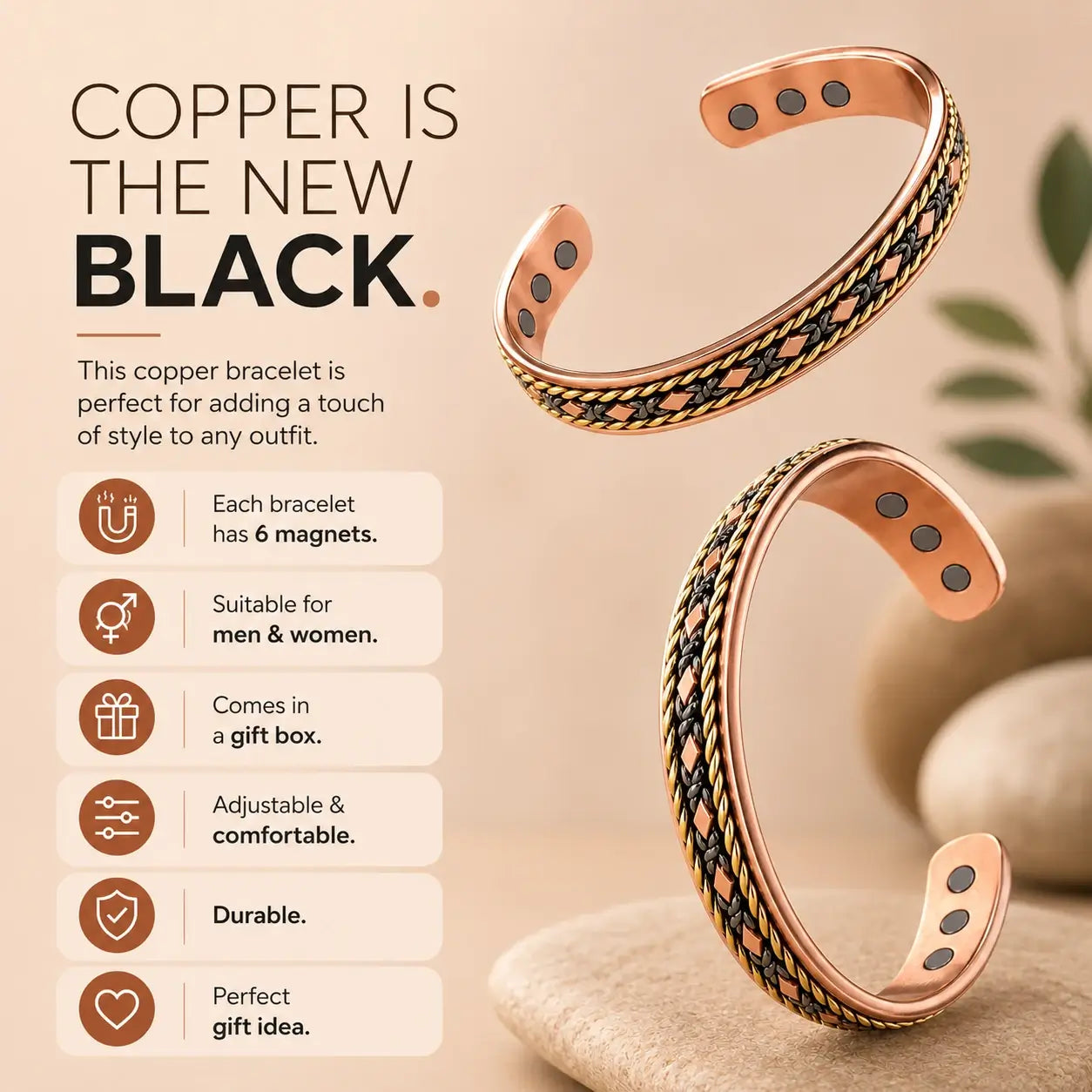 Magnetic Copper Bracelet for Women – Multi-Tone Rose Gold Silver Cuff