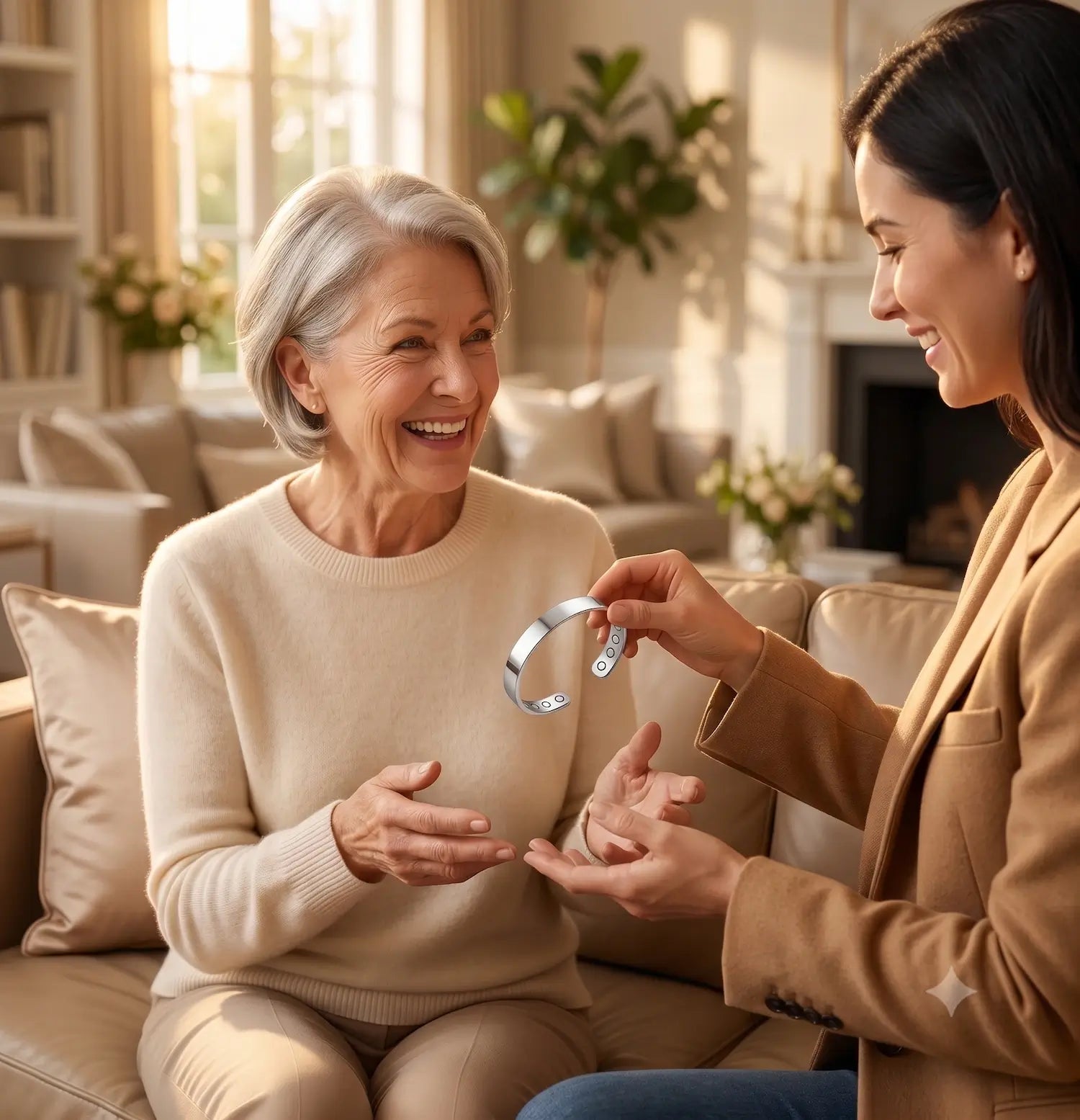 An elderly woman with gray hair sits on a beige sofa smiling while receiving a slim silver bracelet from a younger woman in a tan blazer, in a warmly lit living room setting.